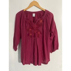 Abrazo embroidered top women’s size M burgundy cotton peasant boho cottage